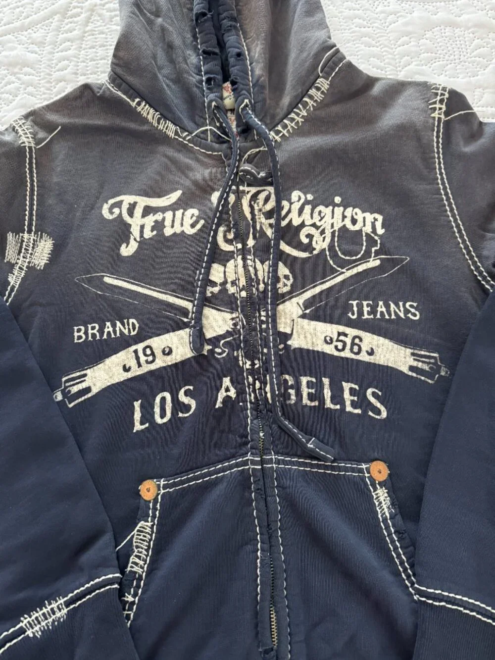 Vintage True Religion Whipstitch Big T Hoodie Switchblade Retail $419 MEDIUM